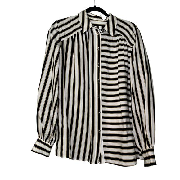 Anthropologie Maeve Silky Striped Long Sleeve Button Down Shirt Black White Sz M - Picture 3 of 8